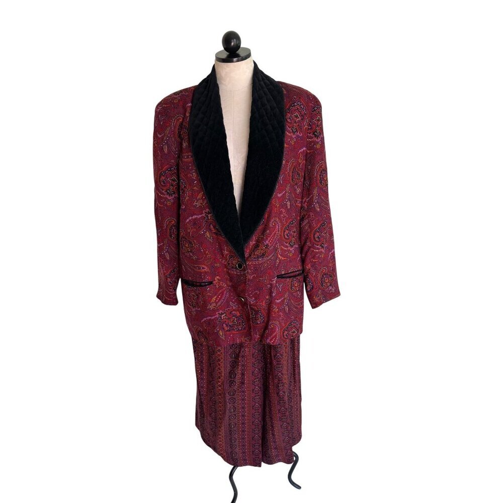 Susan Bristol Womens Jacket Skirt Set Size L Paisley Blazer Quilted Vintage
